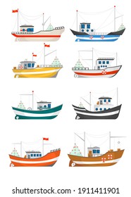 Collection of fishing boats vector illustrations. Fisherman trawlers, ships with cranes lifting nets isolated on white. For food and seafood industry, marine job, transportation concept