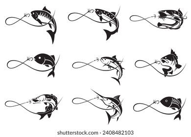 collection of fishing emblems with fish and hook isolated on white background