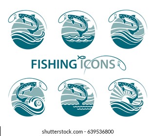 collection of fishing emblems with waves and hook