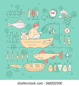 Collection of fishing equipment made in vector. Trout, salmon, rod, boat, tackle, bait and other elements for outdoor activity. Fishing club or fishing gear shop clipart.