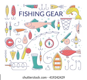 Collection of fishing equipment made in vector. Trout, salmon, rod, boat, tackle, bait and other elements for outdoor activity. Fishing club or fishing gear shop clipart.