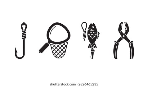 Collection of fishing gear including hooks, net, bait, and pliers, essential for fishing enthusiasts and outdoor anglers.