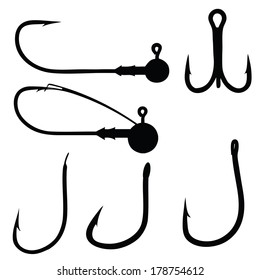 Collection of fishing hooks isolated on white, vector illustration