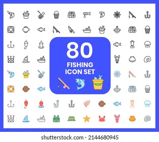 Collection of fishing linear icons and color icons. Fishing rods, crabs, mackerel, jellyfish, nets, baskets, needles. Set of Fishing rods, crabs symbols drawn with thin contour lines.