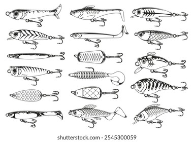 A collection of fishing lures is arranged neatly on a white background. Each lure varies in shape size and design showcasing different styles used for fishing.