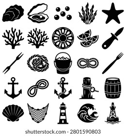 Collection of fishing and nautical icons featuring shells anchors lighthouse corals rope buckets and nets