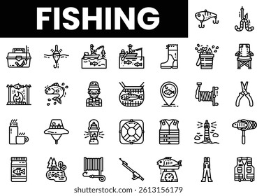A collection of fishing-themed icons in a clean, minimalist style.