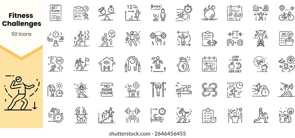 A collection of fitness challenge icons illustrating various exercises and health activities in a minimalist design, perfect for wellness and fitness promotions.