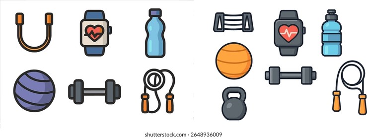 Uma coleção de equipamentos de fitness, incluindo pesos, bandas de resistência, garrafas de água e um relógio inteligente dispostos em uma superfície branca, ideal para preparação e planejamento de exercícios.
