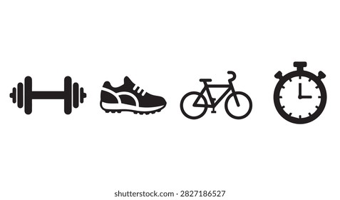 A collection of fitness and exercise items including dumbbell, running shoe, bicycle, and stopwatch, representing physical activity and workout routines.