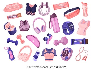 Colección de accesorios y ropa de fitness y gimnasio en tonos de rosa y púrpura, incluyendo sujetadores deportivos, botellas de agua, barras de proteínas, mancuernas, auriculares, relojes inteligentes y cuerdas de salto.