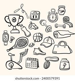 A collection of fitness images in doodle line art style that are great for your business on a cream background