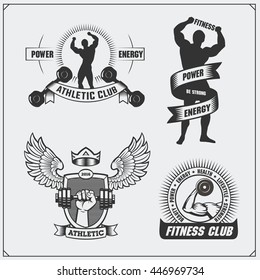 Collection of fitness labels, emblems, badges, logos and design elements. Silhouette of bodybuilder.