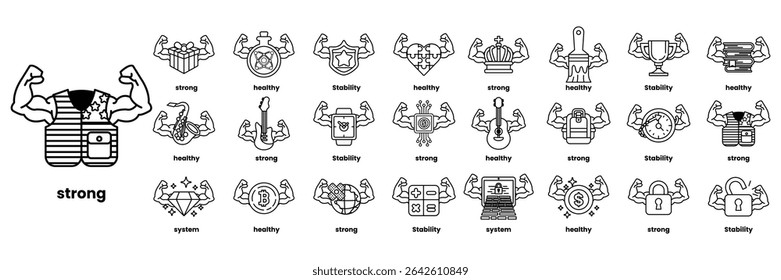 A collection of fitness-related icons, including a man with a muscle shirt and a man with a muscle vest