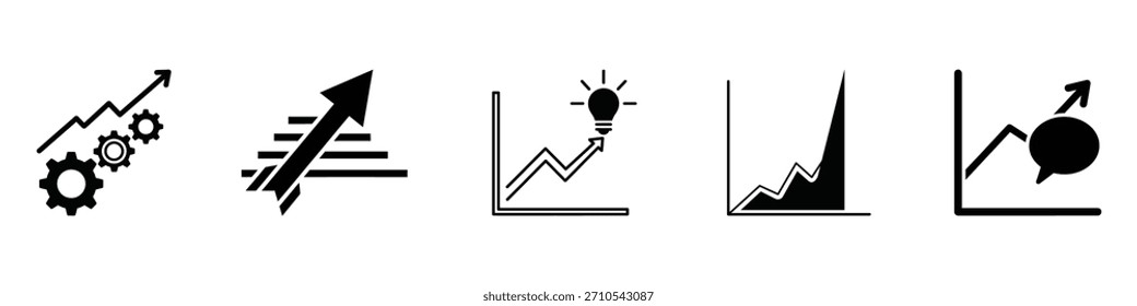 Uma coleção de cinco ilustrações gráficas abstratas que representam os gráficos de crescimento, progresso e finanças com as setas e engrenagens em tendência ascendente.