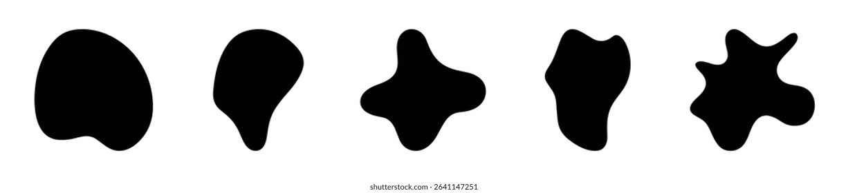 Collection of five abstract organic black blob shapes in a vector style. Ideal for modern graphic design, web layouts, and background decoration. Isolated on white background.