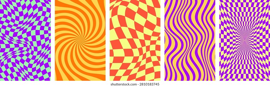 A collection of five abstract psychedelic vertical backgrounds featuring vibrant checkerboard patterns, optical illusions, and hypnotic swirls.