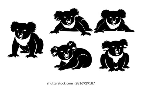 Collection of five adorable cartoon koalas in different poses, showcasing playful and relaxed expressions, perfect for childrens books or wildlife themes.