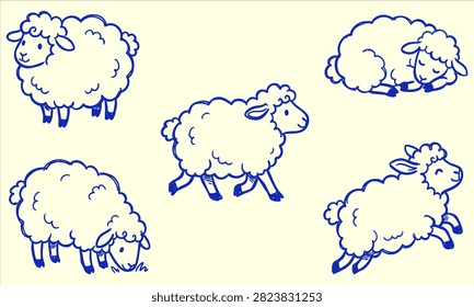 A collection of five adorable doodle-style sheep illustrations, featuring various poses including standing, sleeping, walking, grazing, and jumping.