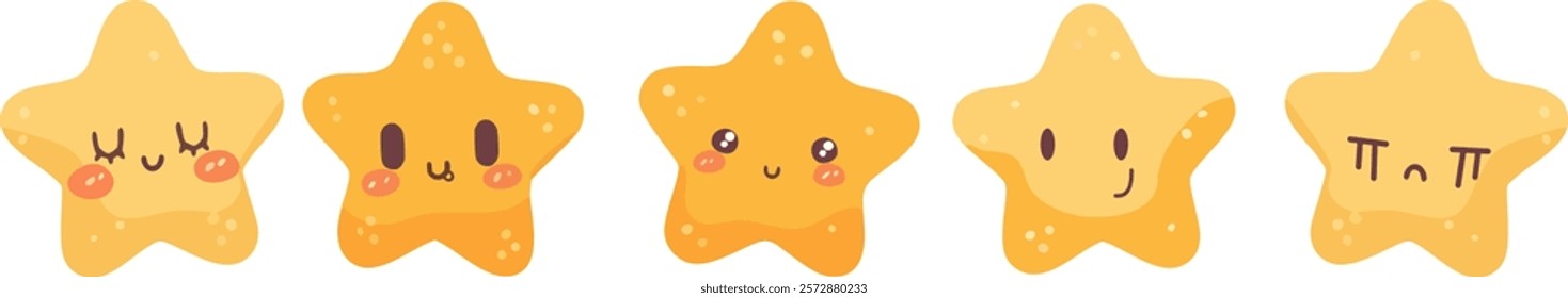 Collection of five adorable, hand-drawn style star characters. Each star features a unique expressive face, including happy, shy, loving, playful, and mischievous expressions.  