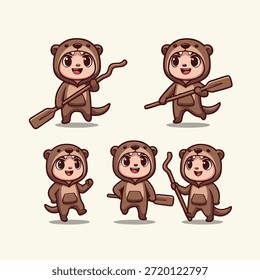 Uma coleção de cinco personagens adoráveis com lontras em trajes bonitos, cada um segurando um remo ou remo, adequado para vários designs.