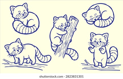 A collection of five adorable red panda line art illustrations, featuring the animals sitting, sleeping, climbing a tree, and standing on branches.