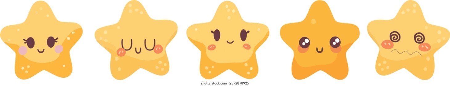 Collection of five adorable, whimsical star characters. Each star boasts a unique facial expression, conveying happiness, shyness, playfulness, and more. Vector illustration.