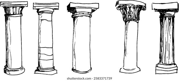 A collection of five architectural columns showcasing different styles and designs. Each column varies in height, shape, and decorative elements, representing classical architecture.