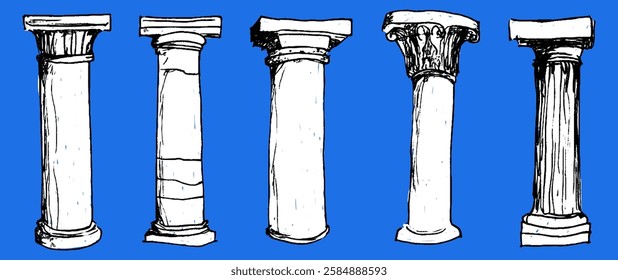 A collection of five architectural columns showcasing different styles and designs. Each column varies in height, shape, and decorative elements, representing classical architecture.