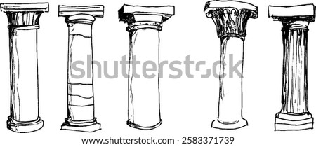 A collection of five architectural columns showcasing different styles and designs. Each column varies in height, shape, and decorative elements, representing classical architecture.