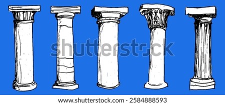 A collection of five architectural columns showcasing different styles and designs. Each column varies in height, shape, and decorative elements, representing classical architecture.