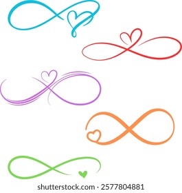 Collection of five assorted colored infinity symbol with a heart for optimism.