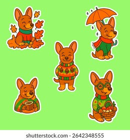 A collection of five autumn-themed vector stickers featuring a cute miniature pinscher dog in cozy sweaters. The dog is shown enjoying fall leaves, holding an umbrella, drinking warm coffee