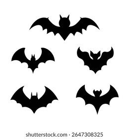 Collection of five black bat silhouettes flying against white background