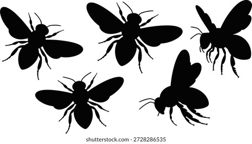 A collection of five black bee silhouettes, showcasing different flying positions against a stark white, clean backdrop.