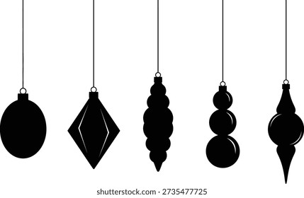 A collection of five black Christmas ornaments in different shapes and designs hanging from strings against a white background.