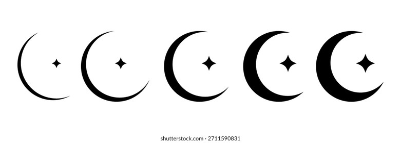 Colección de cinco íconos de luna creciente negra y estrella, mostrando un aumento progresivo en el grosor o la audacia de izquierda a derecha. Gráficos de Vector aptos para proyectos de diseño.