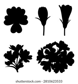 Collection of five black floral silhouettes including a clover, tulip, lily, and two different types of flowering bushes, ideal for artistic projects.