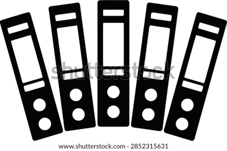 A collection of five black office ring binders arranged in a fan shape, isolated on a clean white background.