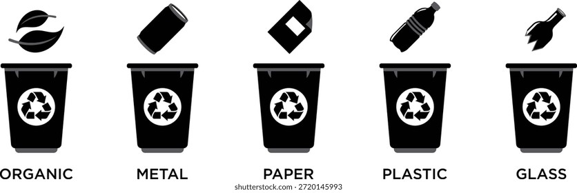 Sammlung von fünf schwarzen Recyclingbehältern, die deutlich die ordnungsgemäße Abfalltrennung für organische Stoffe veranschaulichen, Metalldosen, Papierprodukte, Plastikflaschen und Glasscherben, die die Bemühungen um Umweltschutz durch sorgfältige Materialtrennung fördern.