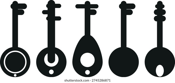 Collection of five black silhouette icons representing various stringed musical instrument body shapes and tuning pegs on transparent background