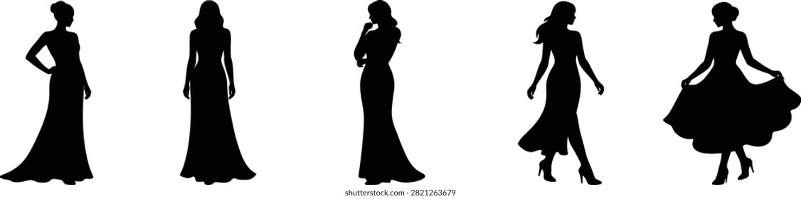 A collection of five black silhouette illustrations of women wearing long dresses in different standing and walking poses. Isolated on a white background, this elegant fashion-themed set is suitable for apparel branding, beauty projects, invitations, boutique graphics, and decorative design applications.