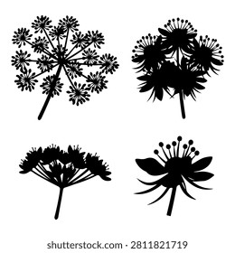 Collection of five black silhouettes of various flowers and plants, ideal for botanical, floral, nature, or design projects.