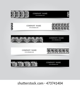 collection of five black and white horizontal banner templates with hand drawn tribal pattern. Vector illustration