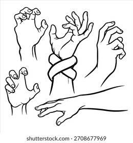 Uma coleção de cinco ilustrações em preto e branco de arte em linha de mãos humanas em várias poses e gestos, incluindo uma com o pulso amarrado.
