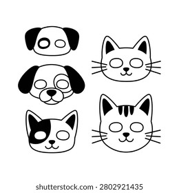 A collection of five black and white line art animal masks featuring various dog and cat faces. These minimalist templates include eye holes and are designed for DIY paper crafts, kids' parties, or costume activities. The set includes different breeds and markings, perfect for coloring and creative play.