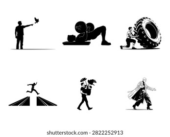 A collection of five black and white silhouette illustrations depicting various human actions and professions. The first image shows a person releasing a bird.