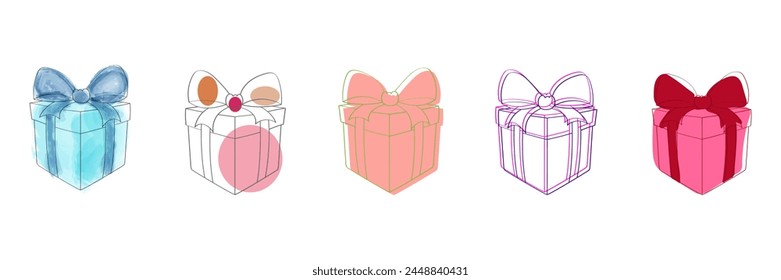 A collection of five boxes adorned with colorful bows, arranged neatly. The boxes vary in size and color, each with a unique bow on top, creating a visually appealing display