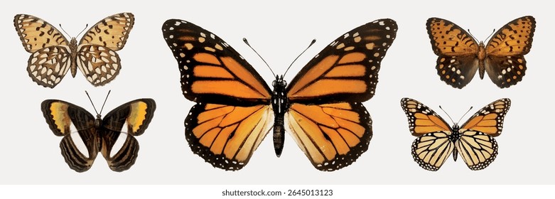 Collection of five butterflies with orange and black patterns. Central butterfly is large, surrounded by smaller ones. Butterflies display intricate wing designs. Isolated animal vector set.