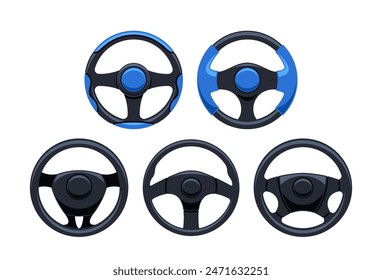 Collection Of Five Car Steering Wheels With Varying Designs, Detailing Modern Automotive Style, Cartoon Vector Set